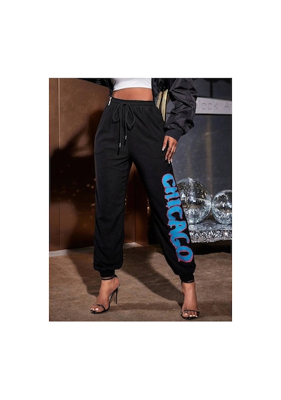Tarzsokak Sxy Letter Graphic Drawstring Waist 4 Mevsim Eşofman Siyah
