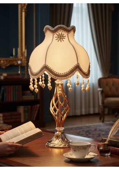 Beyaz Lulu Broşlu Kadife Başlık Gold Metal Burgulu Ayaklı Klasik Model Abajur 55x25cm