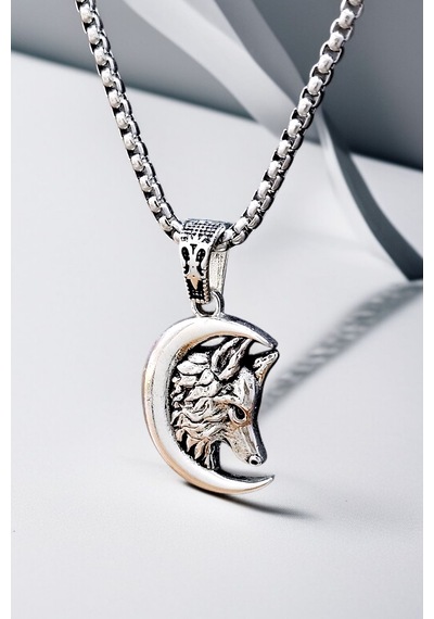 Ak Store Silver Gümüş Kaplama Krom-Çelik Erkek Kolye Madalyon Hilal İçinde Bozkurt Gümüş
