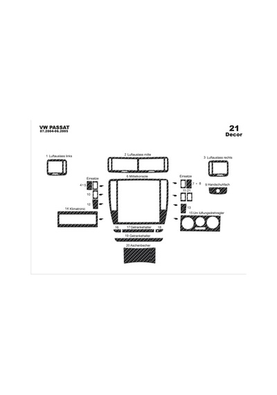Volkswagen Passat Uyumlu Torpido Kaplama 2004-2005 21 Parça Karbon