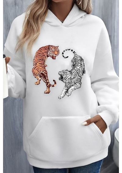 Uyguntarz Unisex Tiger Baskılı Sweatshirt beyaz