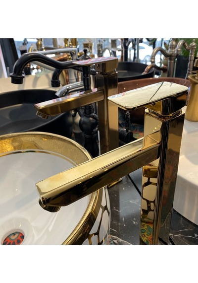 İsaoğlu Yapı Gold Çanak Bataryası Gold Kare Lavabo Musluğu Premium Yüksek Model Armatür Gold