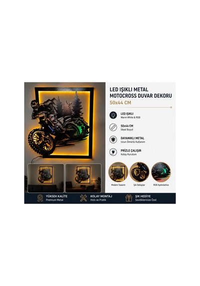 Ahşap Işıklı Duvar Dekoru Motocross 50x44 Cm