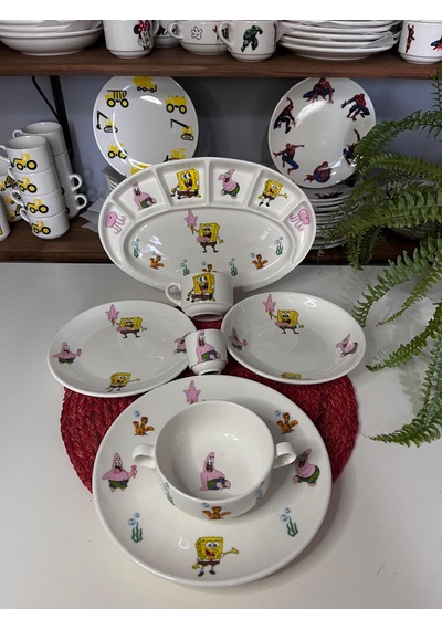 7 Parça Sünger Bob Model Çocuk Bebek Yemek Takımı Beslenme Seti Çok Renkli