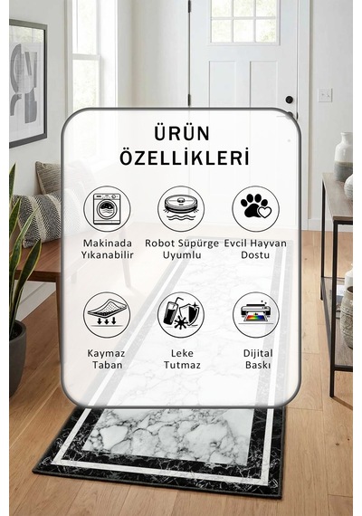 Çerçeve Mermer Yıkanabilir Yolluk Açık Gri