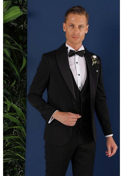 Efor Black 070 Slim Fit Yelekli Çıkarılabilir Saten Yaka Siyah Damatlık Smokin Takım Siyah