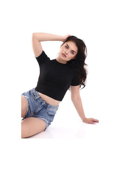 Winmoda34 Kadın Kısa T-shirt Krop Siyah