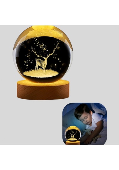 Usb Bağlantılı Geyik Temalı Kristal Küre Premium Masa Gece Lambası Renkli