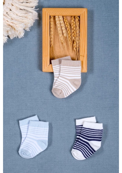 Cocole Socks Erkek Bebek Soket Çorabı 3 Lü Set Pamuklu Klasik Seri & Çizgi Desenli Çok Renkli