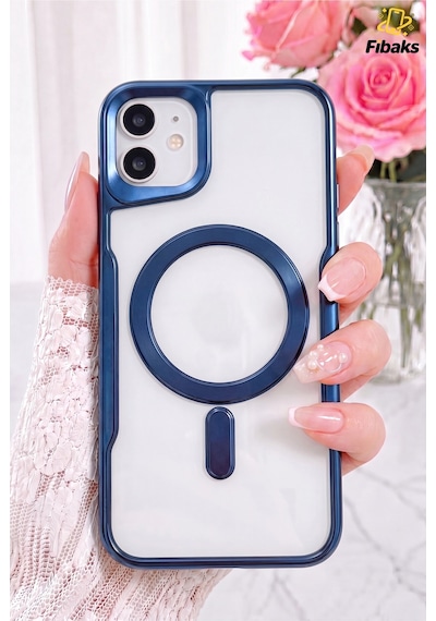 Fibaks iPhone 11 Uyumlu Kılıf Prizma Kamera Çıkıntılı Magsafe Şarj Destekli Mat Renkli Şeffaf Kapak Lacivert