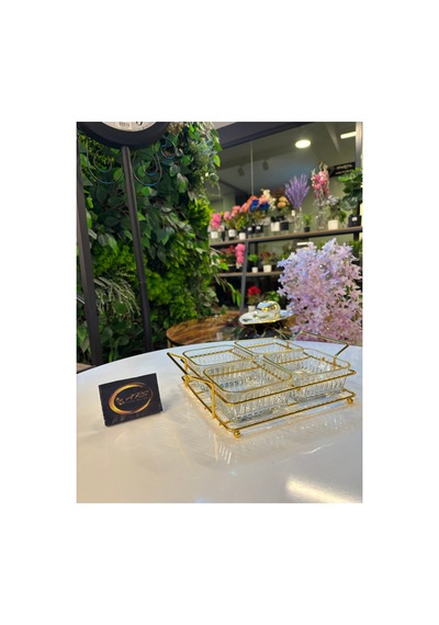 Ars Paşabahçe Frezya Yaldızlı Kare Kase, Metal Gold Standlı 4'lü Çerezlik, Sunumluk, Kahvaltılık