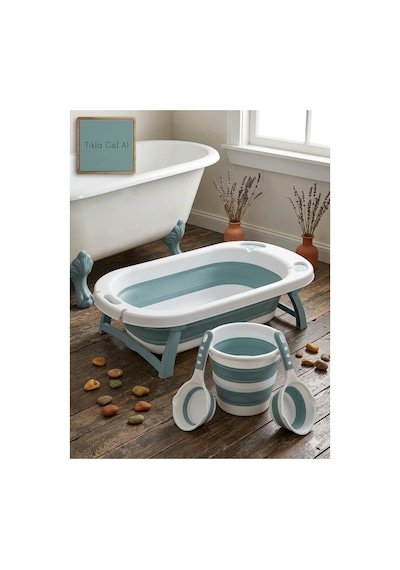Katlanır Bebek Banyo Küveti Seti Ayaklı Bebek Yıkama Küveti+katlanır Kova+maşrapa Banyo Seti