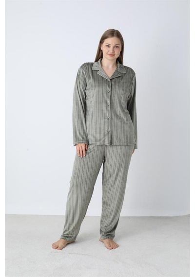 Battal Estiva Çizgili Önden Düğmeli Kadife Bayan Pijama Takım Haki