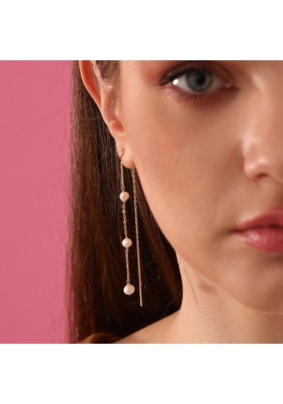 Queen Silver Jewelry 925 Ayar Gümüş. İnci Örme Sallantılı Japon Küpe Altın