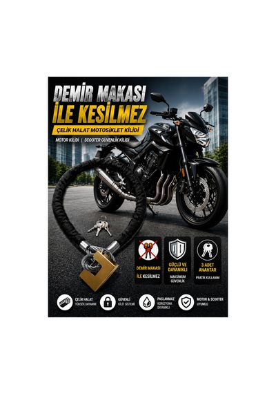 10 Mm 1,5 Metre Kesilmez Çelik Halat Motosiklet Kilidi Motor Kilidi Scooter Güvenlik Kilidi Siyah