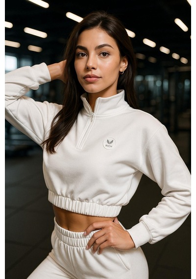 Kadın Fermuar Yaka Detaylı Crop Lastikli Rahat Kalıp Sweatshirt Beyaz