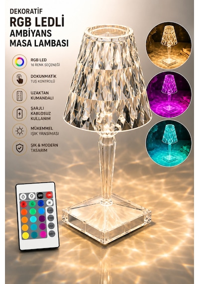 Rgb Led Dekoratif Ambiyans Masa Gece Lambası Uzaktan Kumandalı Şarjlı Dokunmatik Abajur Kristal Beyaz
