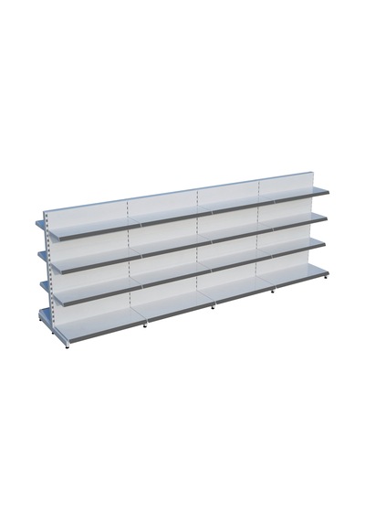 Beyaz Metal Çift Yönlü Orta Reyon 4 Katlı 4'li Birleşik Market Raf Sistemi Market Rafı G360cm Yükseklik H140 Cm Kırmızı