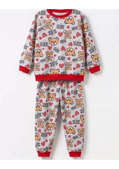 Veraura Lifestyle 4/10 Yaş Ayıcık Baskılı Pamuk Penye Çocuk Pijama Takımı Kırmızı