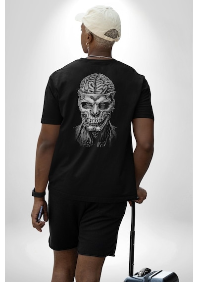 İnsan Beyni Korku Sineması Pamuklu Unisex Oversize Sırt Dijital Baskılı Siyah T-shirt Siyah