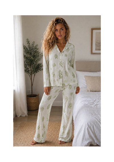 Fit Women Kadın Örme Gömlek Yaka Çağla Yeşili Pijama Takımı