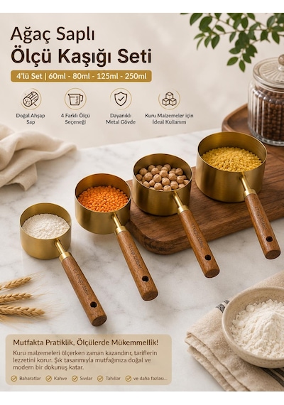 Premium 4 Parça Metal Ölçü Kabı Cup Seti Ahşap Saplı Kahve Baharat Ve Bakliyat Ölçü Kaşığı Çok Renkli