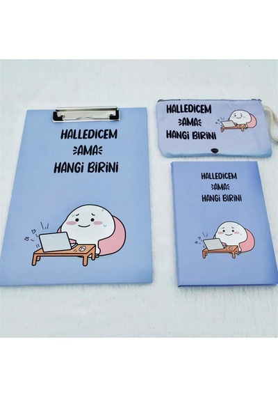 Halledicem Ama Hangi Birini Tasarımlı Sekreterlik Defter Ve Kalemlik Kırtasiye Seti Mavi