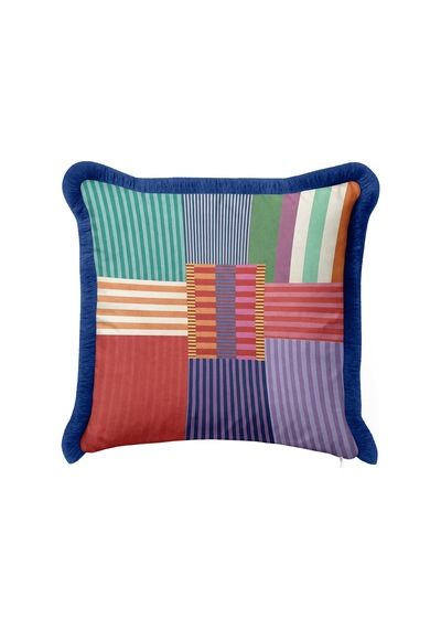 Geometrik Çizgili Modern Saçaklı Yastık Kılıfı - Patchwork Mint Lacivert Püsküllü Kırlent Kılıfı Altın