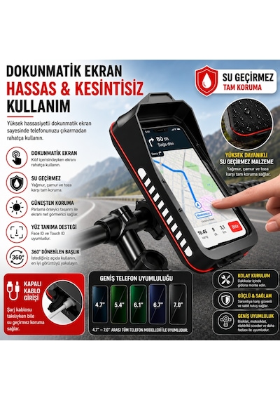Triline Bisiklet Motosiklet Gidon Telefon Tutucu Çanta Dokunmatik Ekranlı Montaj Aparatı Su Geçirmez Siyah