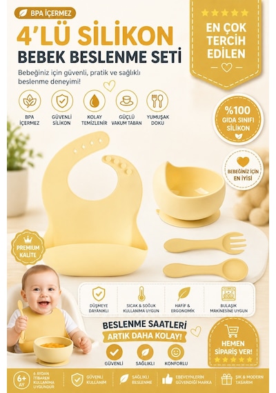 Jojobebek Çocuk Silikon Mama Önlüğü, Silikon Vakumlu Kase, Silikon Kaşık Ve Çatal / Sarı