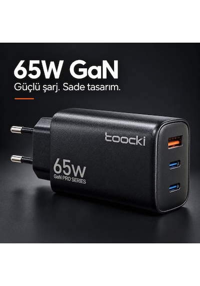Toocki 65w Gan Pro 3 Portlu Hızlı Şarj Adaptörü 2 Usb-c Ve 1 Usb-a Pd 3.0 Pps Qc 3.0 Avrupa Tipi Fiş Siyah