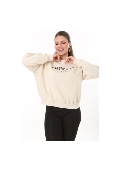 Şans Kadın Büyük Beden Bej İçi Şardonlu Kumaş Ön Baskılı Sweatshirt 65n37719-bej Bej
