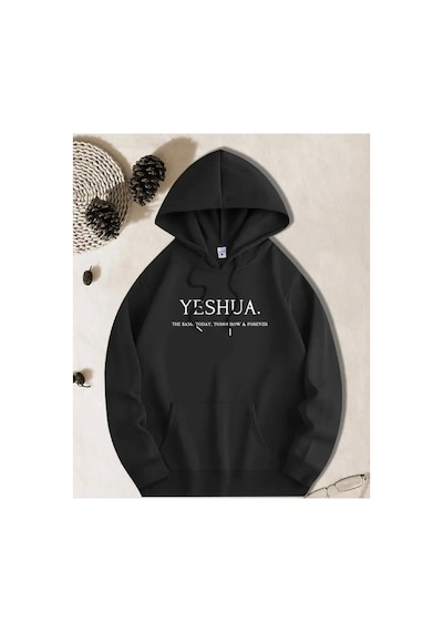 Herkesemoda Yeshua Baskı Detaylı İçi Polarlı Kapüşonlu Sweatshirt Siyah