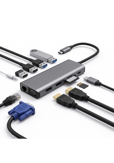 Type-c 12 İn 1 Çoklayıcı Hub Çift 4k Hdmı Vga Gigabit Lan Usb 3.0 Görüntü Destekli Cihazlarla Uyumlu Çoklu Ekran Ve Veri Adaptörü Cr92
