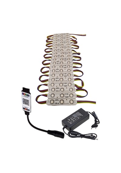 20 Adet 12 Volt Samsung 0.72 Watt 3 Lensli Rgb Led Modül Bluetooth Kumanda 5a Plastik Adaptör Set