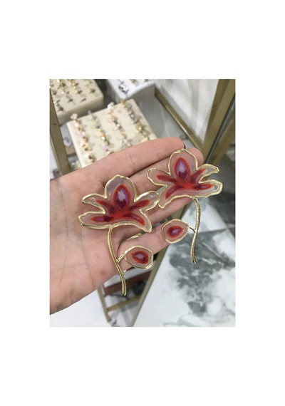 Kırmızı Ve Gold Detaylı Küpe Çok Renkli