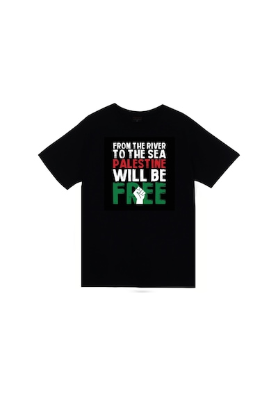 Nehirden Denize Kadar Filistin Özgür Olacak Baskılı Unisex %100 Pamuk Siyah T-shirt SIYAH