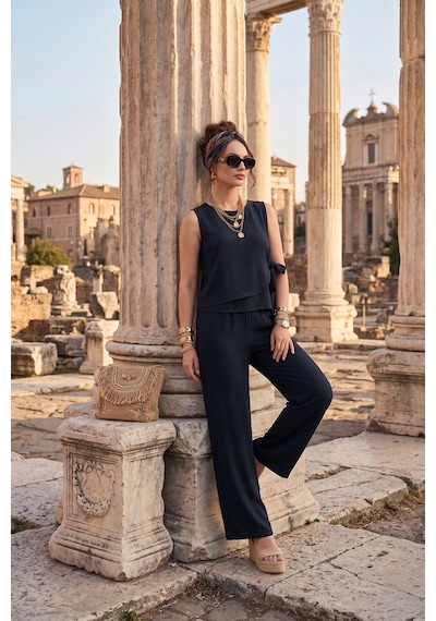 Lela Regular Fit Bağlama Detaylı Bisiklet Yaka Takım Bayan Takım 5866466 Lacivert