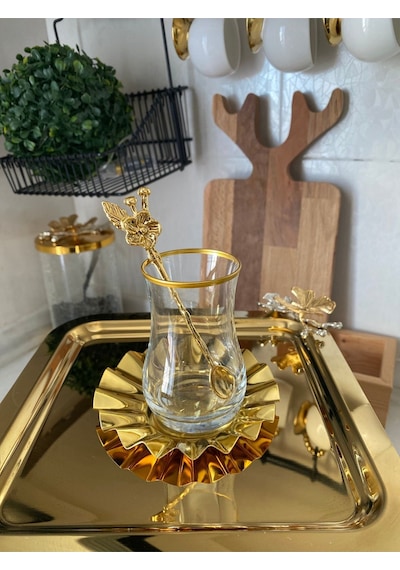 Atabey Home Collection 2 Adet Kahve & Çay & Sunum Tepsisi Gold Tepsi Kelebek Dökümlü