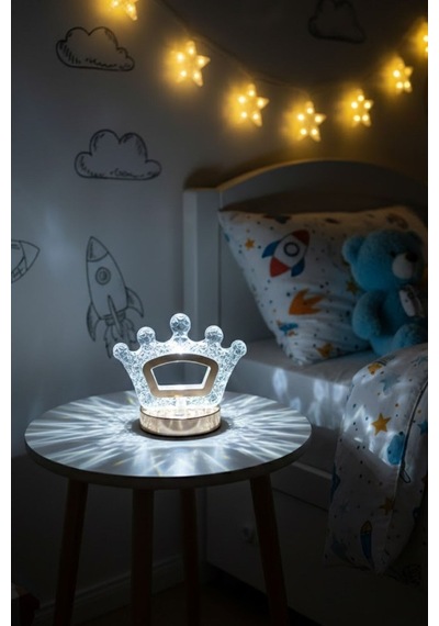 Plentiful Kral Tacı Model Kristal Led Masa Lambası Dokunmatik, 3 Renk Işık Modlu, Şarjlı Mini Dekora Altın - Beyaz