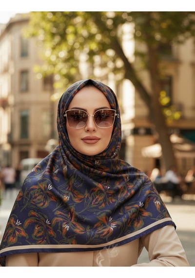 Vivid Floral Desen Pure Touch Koton Şal 75x185cm Lacivert-turuncu