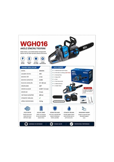 Algaride Wedo Wgh016 Akülü Zincirli Testere 40v Çift Bataryalı 40cm Kılavuz Profesyonel Ağaç Kesim Motoru