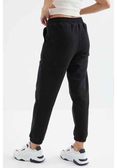 Siyah Yüksek Bel Basic Bağcıklı Jogger Polar Kadın Eşofman Alt - 94622 Siyah