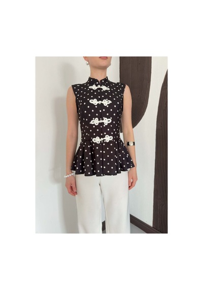Verymoda Çin Düğmeli Puantiyeli Bluz D3074 Siyah