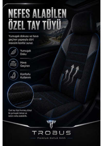 Nova Serisi Tay Tüyü Bel Destekli Siyah Mavi Premium Üniversal Koltuk Kılıfı Tam Set