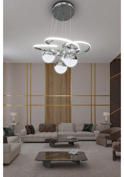 Modern Sarkıt Florya 4 Toplu Led Avize - Salon & Oturma Odası Avizesi - - Kumandalı / Krom Krom