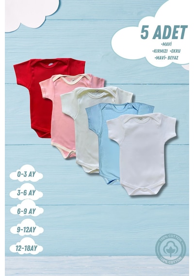 Betül Bebek Kısa Kollu 5'li Organik Pamuk Çıtçıtlı Bebek Body&zıbın Kırmızı,pembe,ekru,mavi,beyaz Çok Renkli