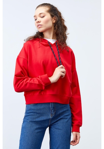 Tommy Life Kırmızı Uzun Kol Rahat Form Kapüşonlu Kadın Sweatshirt - 97115 Kırmızı