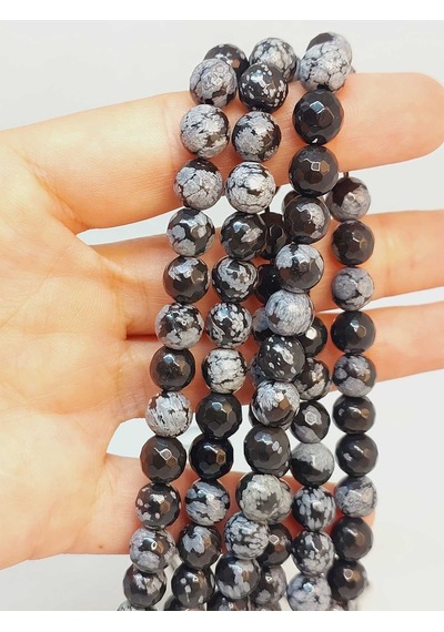 Kar Tanesi Obsidyen Taşı Faset Kesim Dizi 10mm