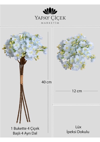 Mavi Yapay Yasemin Çiçeği Buketi 4 Dallı Lüx İpeksi Dokulu 40 Cm